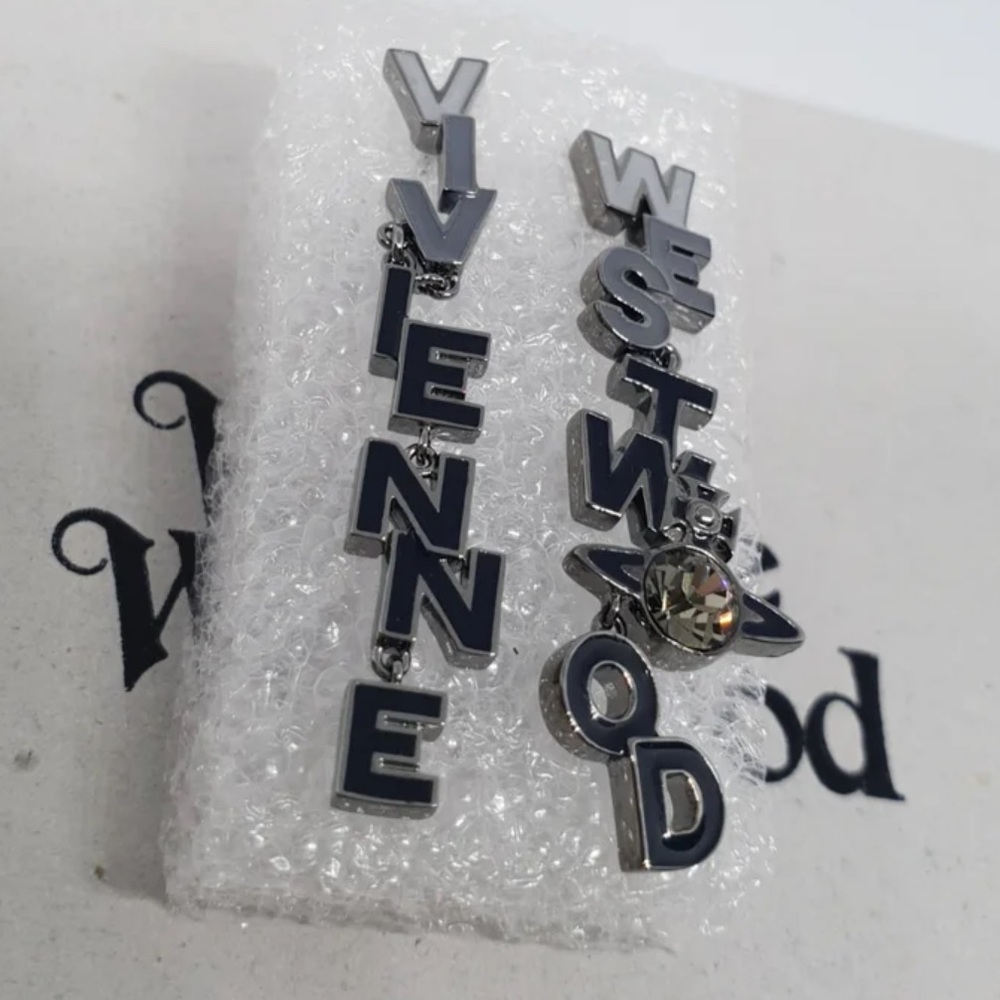 VIVIENNE WESTWOOD Soho Enamel Drop Logo Letter Earrings Blue Silver Crystal Orb - Picture 8 of 14
